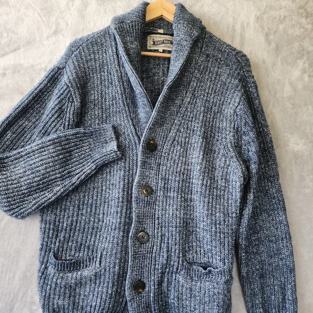 Schott Bros Cardigan Sweater Mens XL Blue Shawl Collar Handcrafted Chunky Knit